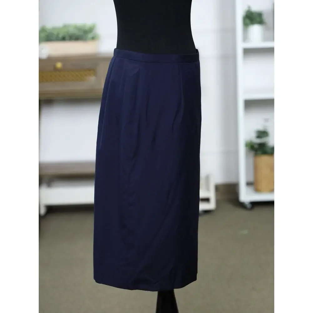 Vintage Paul Stuart Made in Italy Navy Silk Blend A-Line Midi Skirt Quiet Luxury